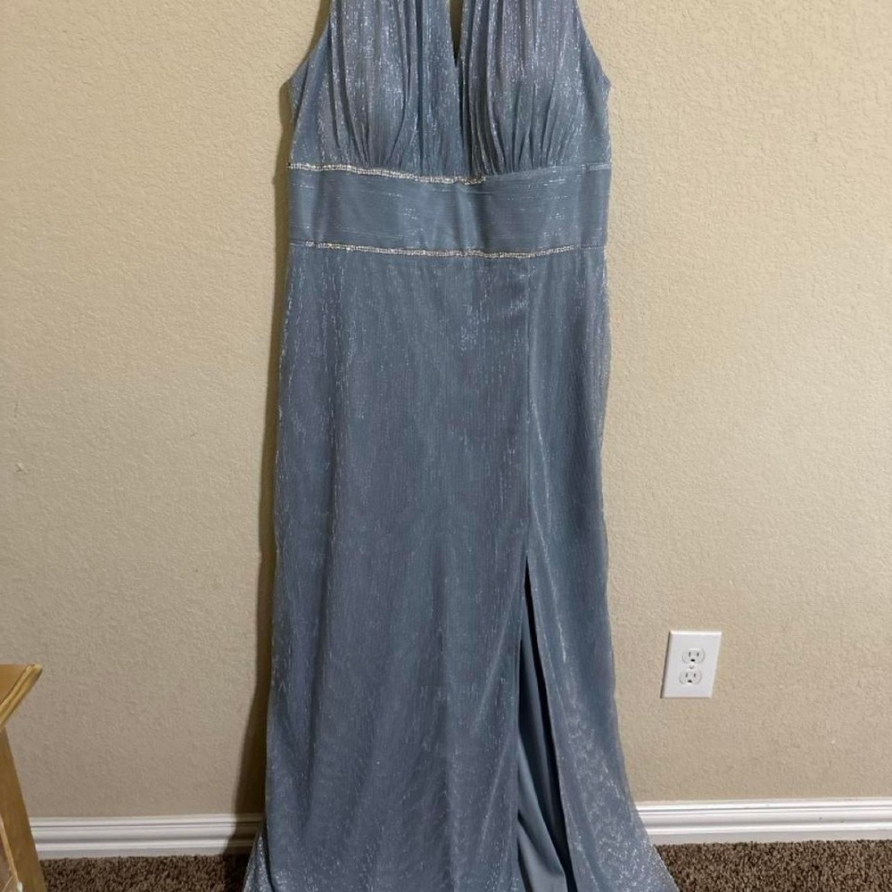 Oleg Cassini Women's Dress 14 Metallic Blue Halter Rhinestone Formal Wedding